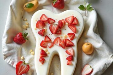 Healthy foods for strong teeth – cheese, apples, yogurt, and leafy greens arranged on a plate.