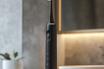 A modern electric toothbrush with smart features like pressure sensors a