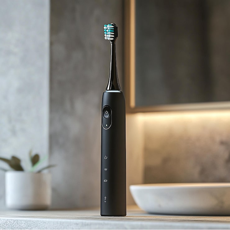 A modern electric toothbrush with smart features like pressure sensors a